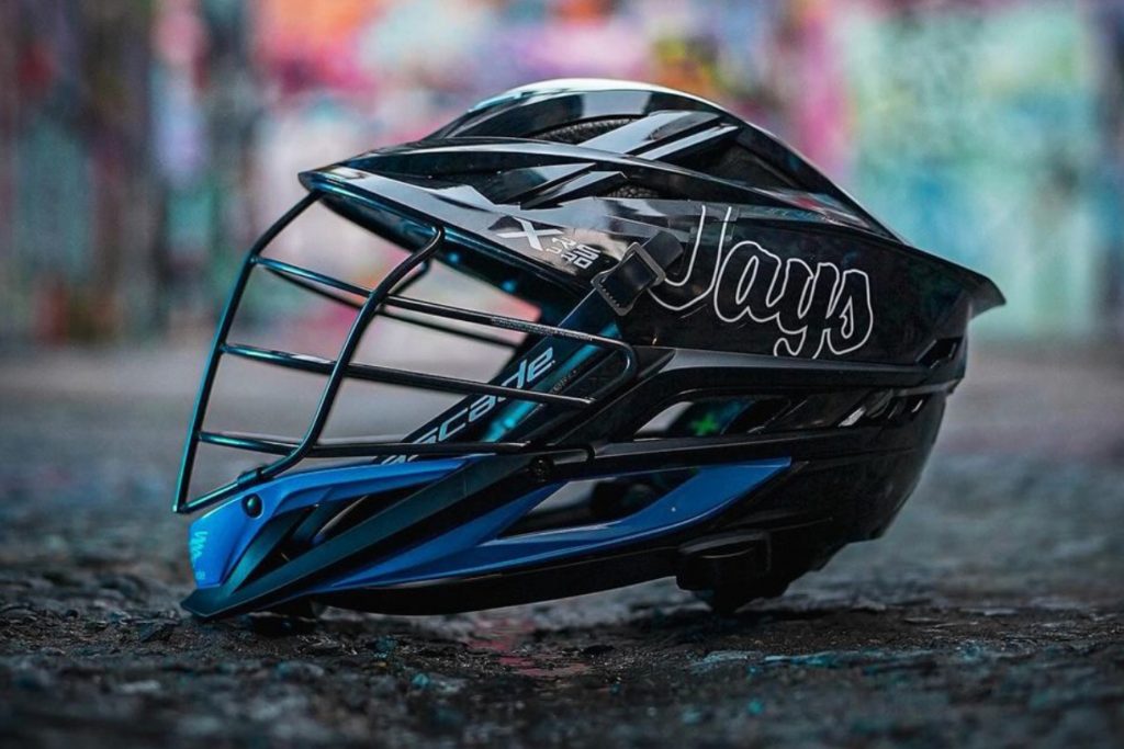 Jay Script graphic on a lacrosse helmet