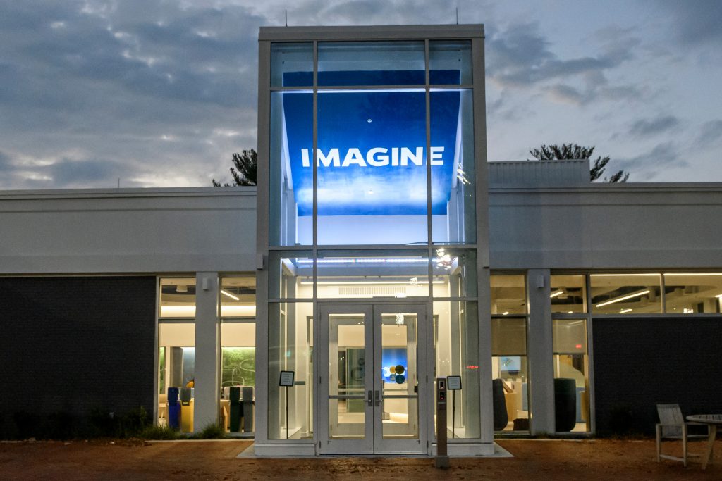 Key message, "Imagine," on ceiling of Imagine Center