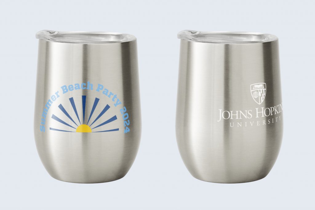 Summer beach party logo on a cup with the Johns Hopkins logo on the other side