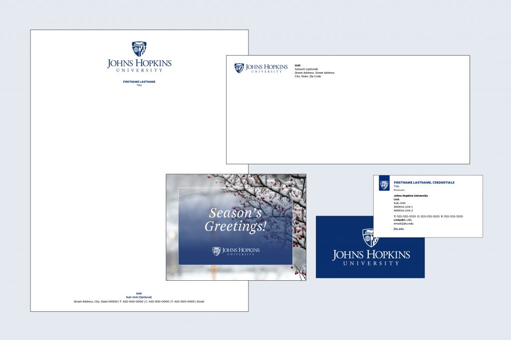 Stationery items including letterhead, envelopes, business cards, and greeting cards.