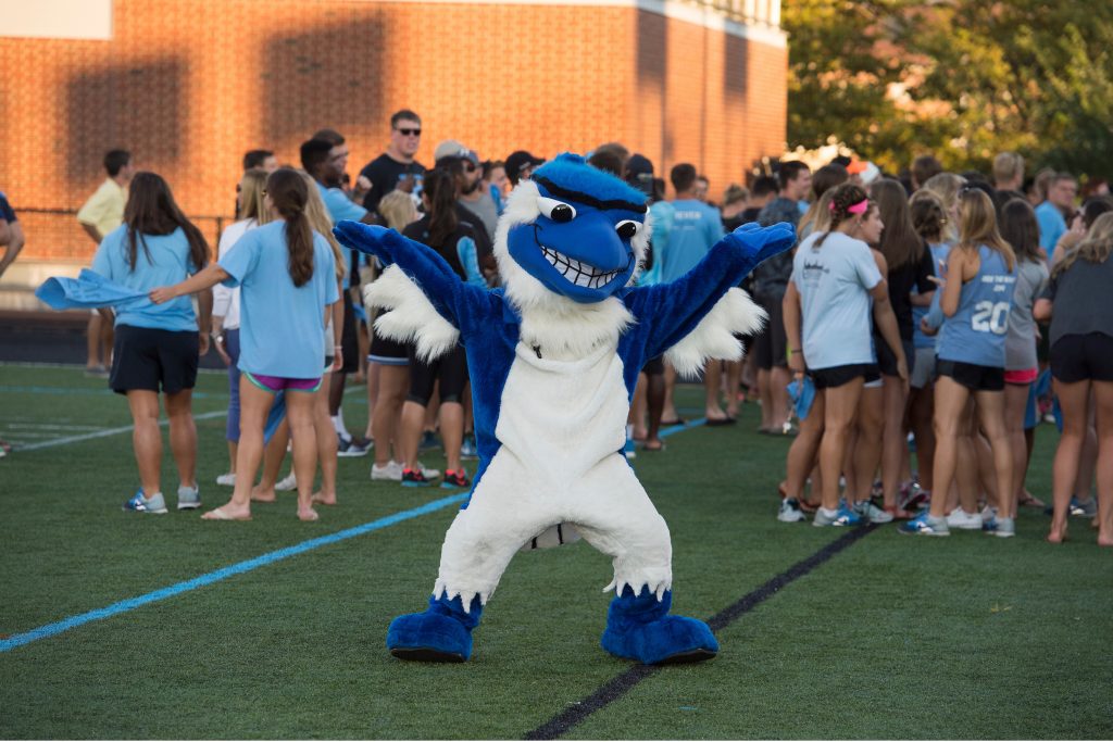 Old mascot posing in a crowd