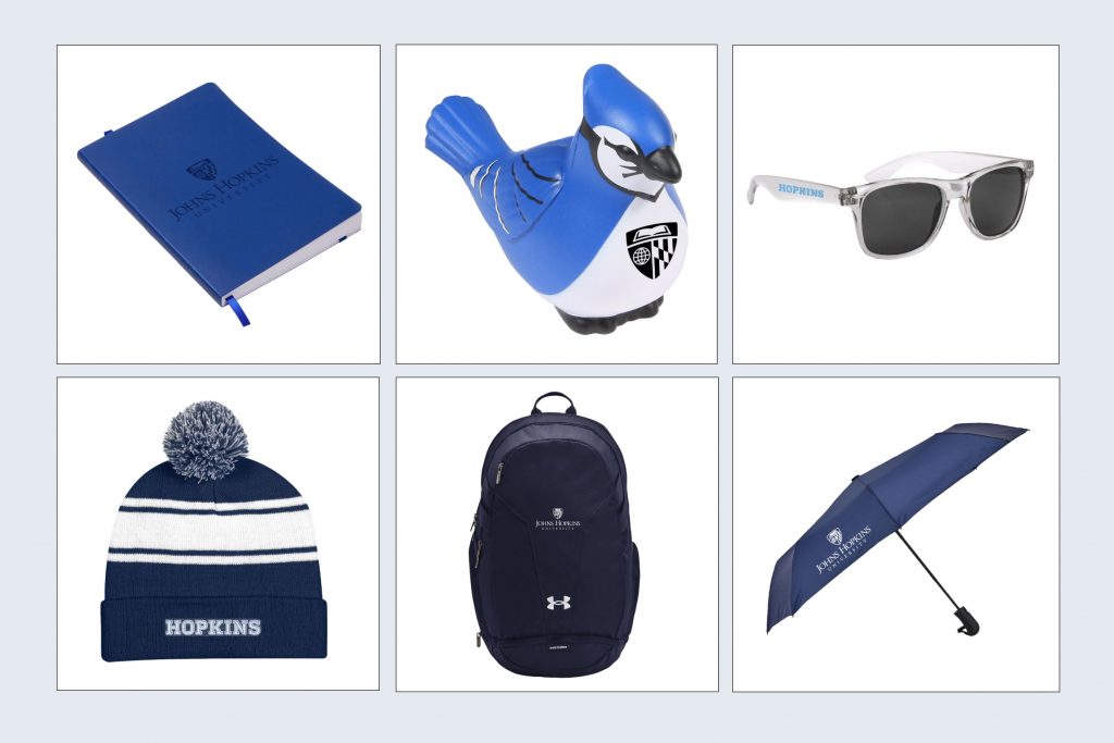 Brand store products, including sunglasses, beanie, backpack, umbrella, notebook, and stress reliever.