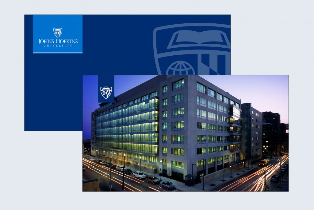 Two zoom backgrounds, featuring the JHU shield and the Hopkins Bloomberg Center in D.C.