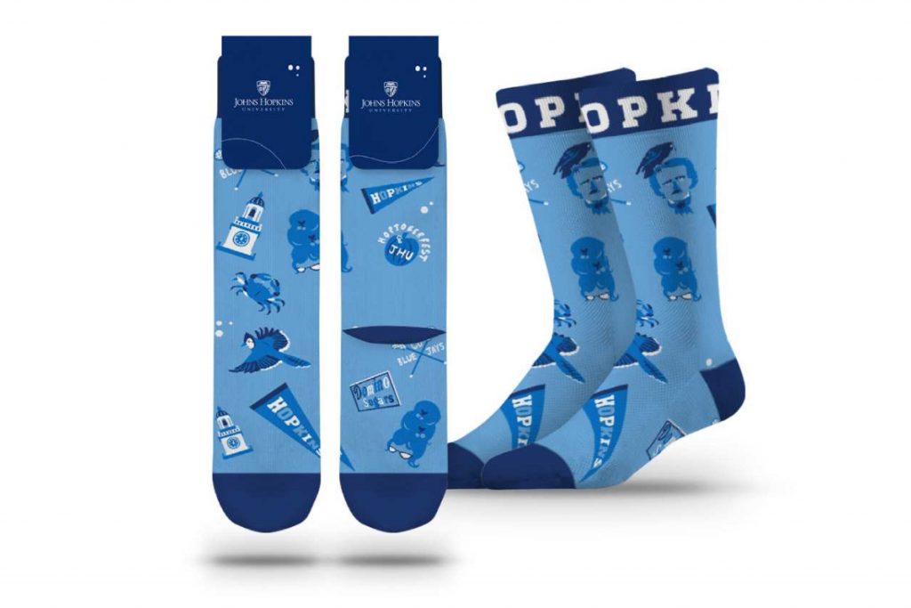 Socks with Baltimore and Hopkins-themed illustrations