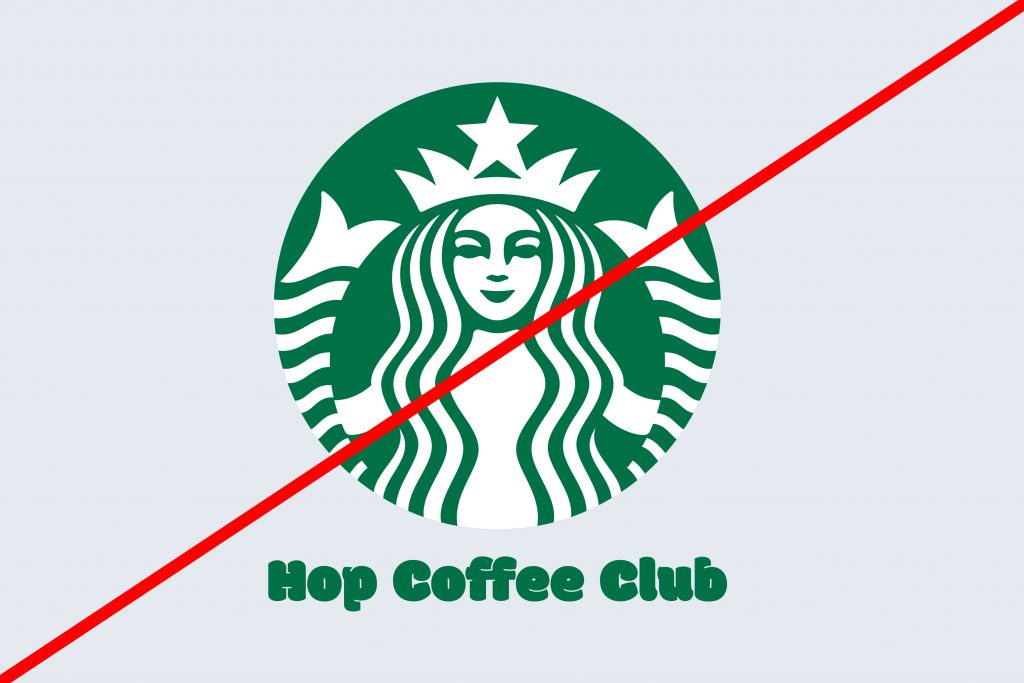 Hop Coffee Club logo using the Starbucks logo, not permitted