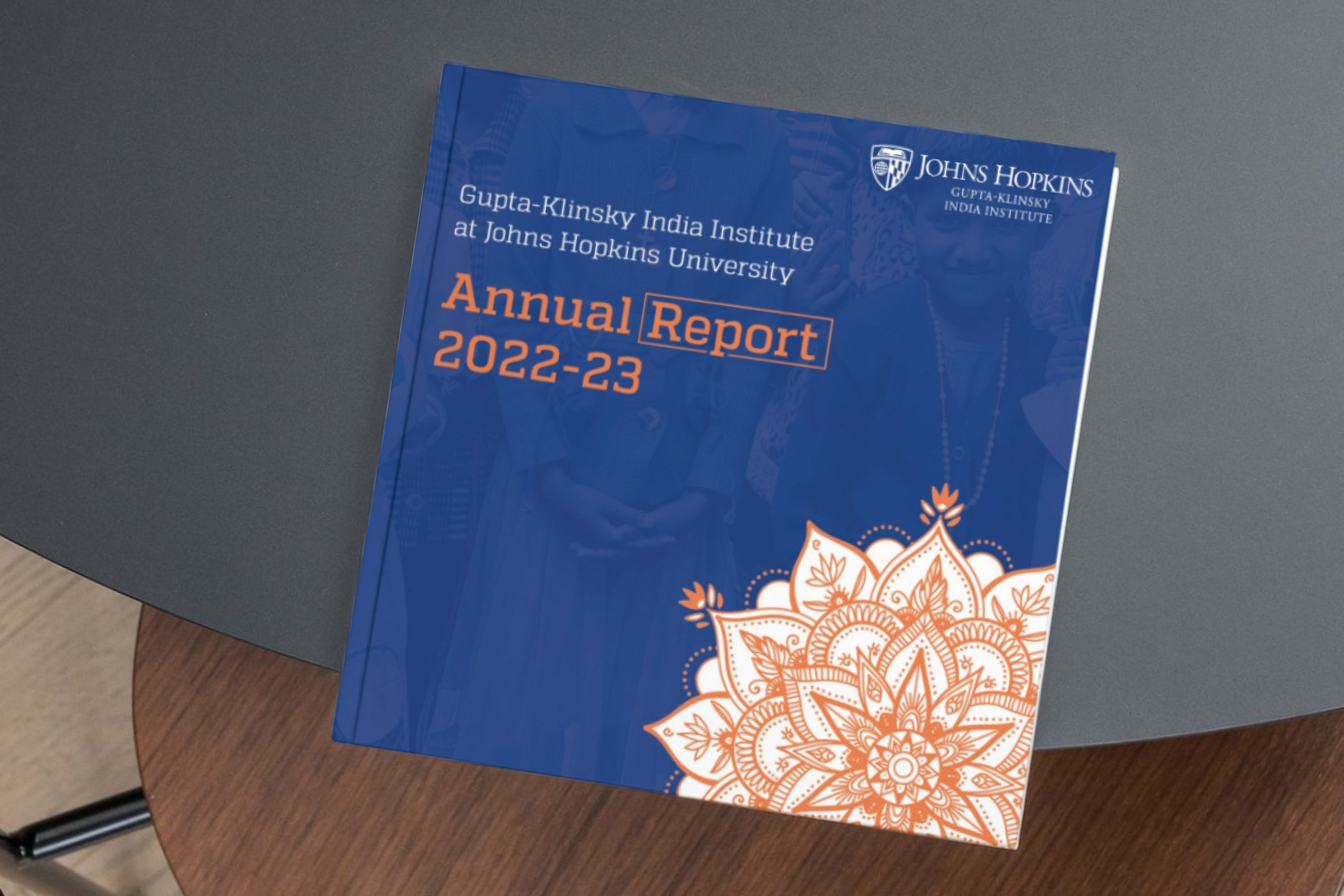 Gupta-Klinsky India Institute annual report cover featuring an accent graphic and official lock-up