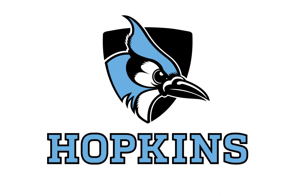 Hopkins Athletics logo that combines the letters "Hopkins" with shield shape above the letters that frames the profile of Blue Jay bird head