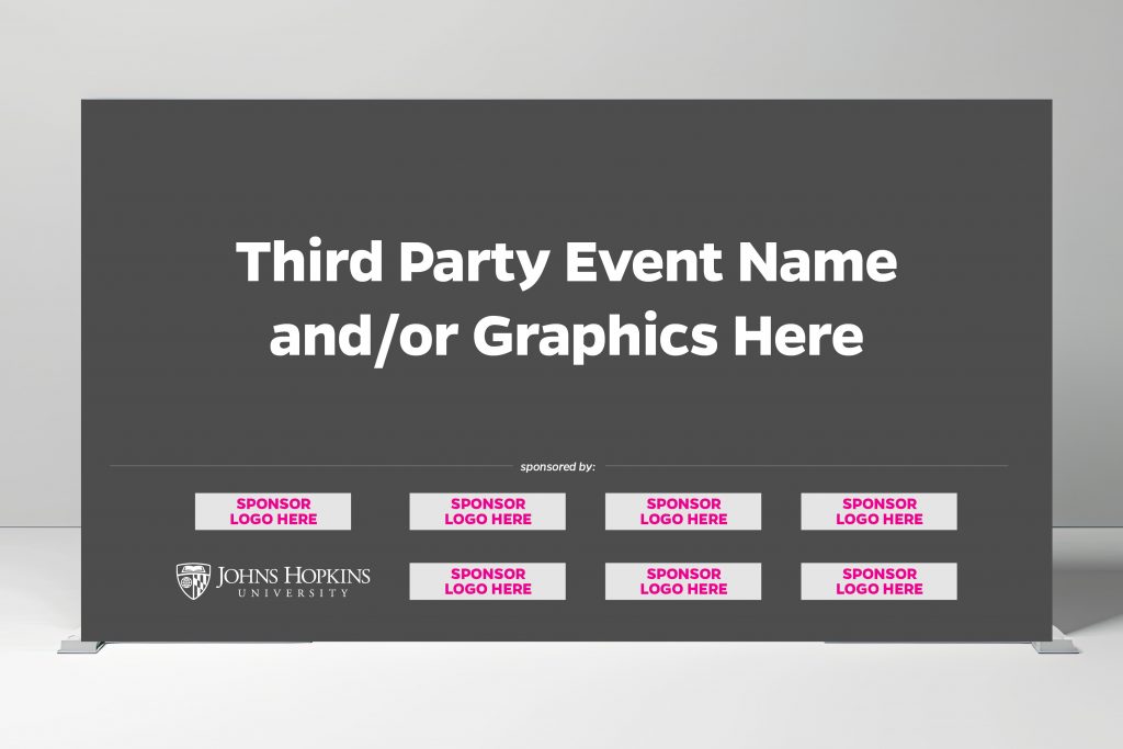 Mockup of backdrop banner with Johns Hopkins University logo among eight placeholder boxes of equal size to show how sponsor logos should be equally sized and spaced on third party event graphics.