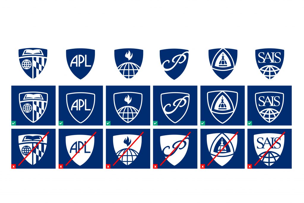 University and division shields shown in blue and white, as well as incorrectly reversed in white.