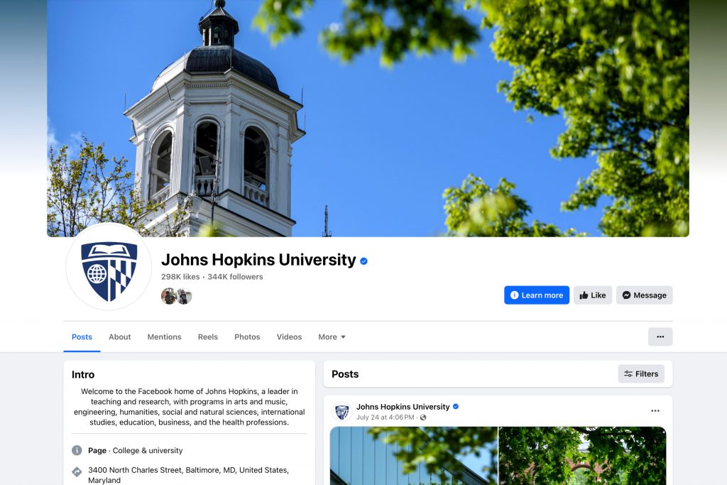 Johns Hopkins University Facebook page screenshot featuring cover photo