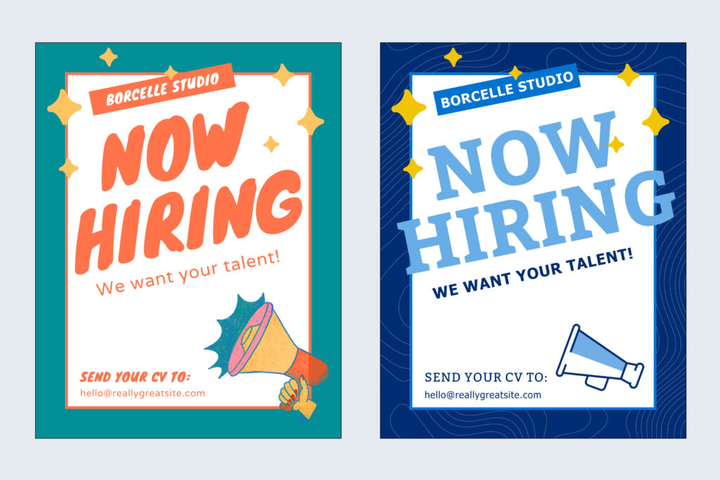 Comparison of two canva designs for Hiring promotion, one with a selection of random colors and fonts, the other using approved brand colors, icons and fonts.