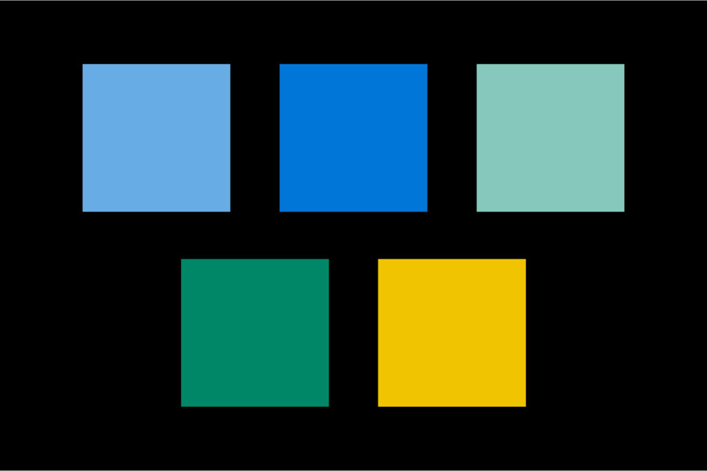 Black background with Spirit Blue, Medium Blue, Mint Green, Homewood Green, and Gold foreground colors