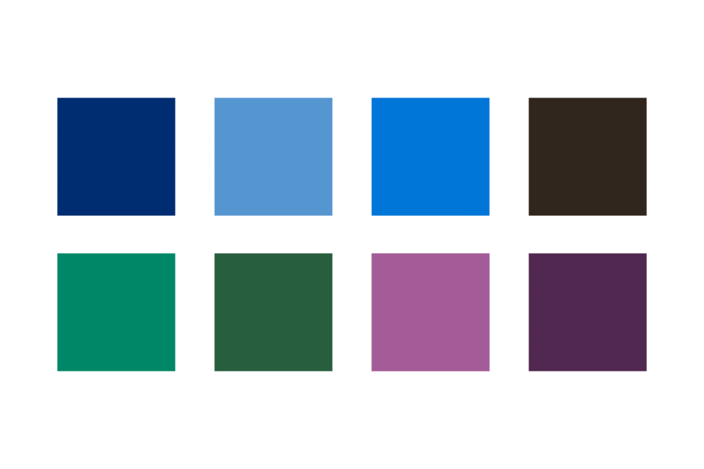 White background with Heritage Blue, Harbor Blue, Medium Blue, Homewood Green, Forest Green, Plum, Purple, and Sable foreground colors