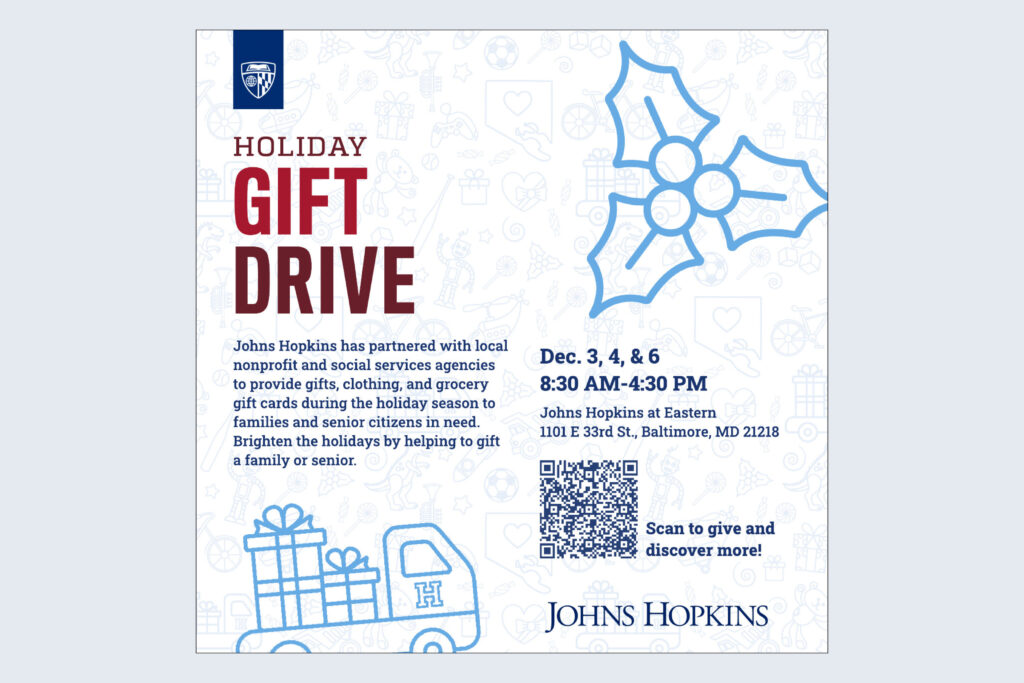 Holiday gift drive advertisement featuring the Johns Hopkins stand-alone wordmark and the JHU shield tag.