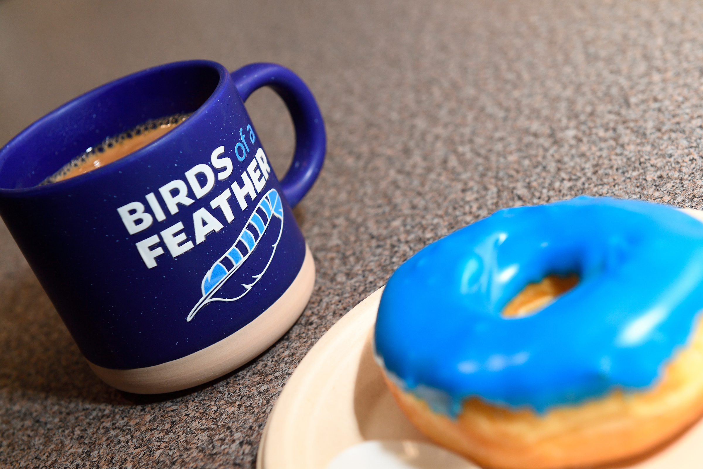 Birds of a Feather mug and a donut