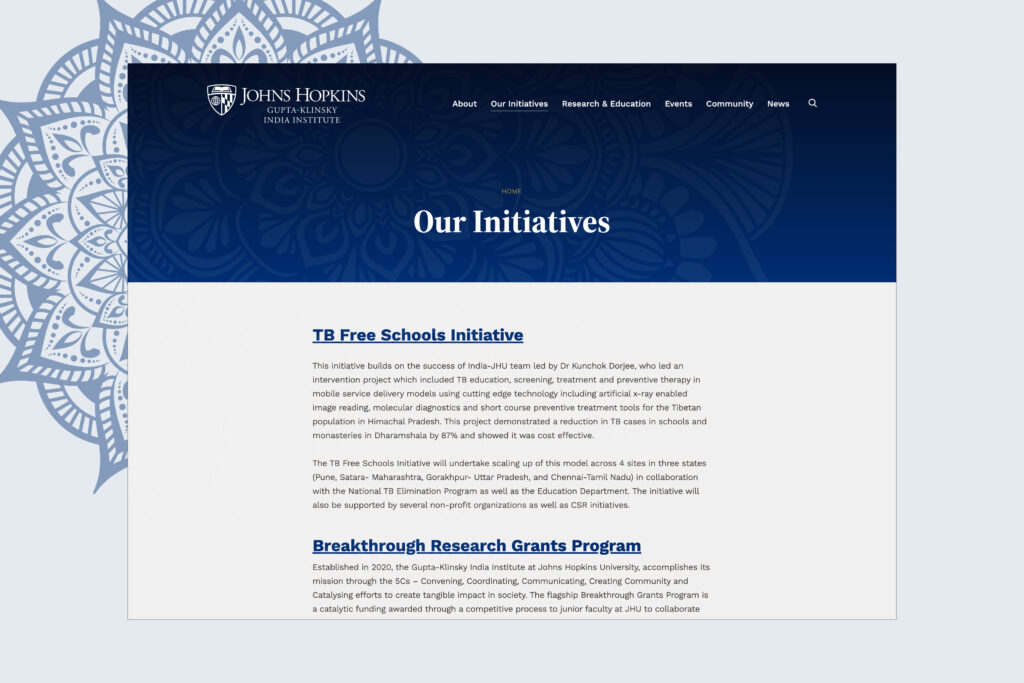 Gupta-Klinsky India Institute website featuring mandala accent graphic.
